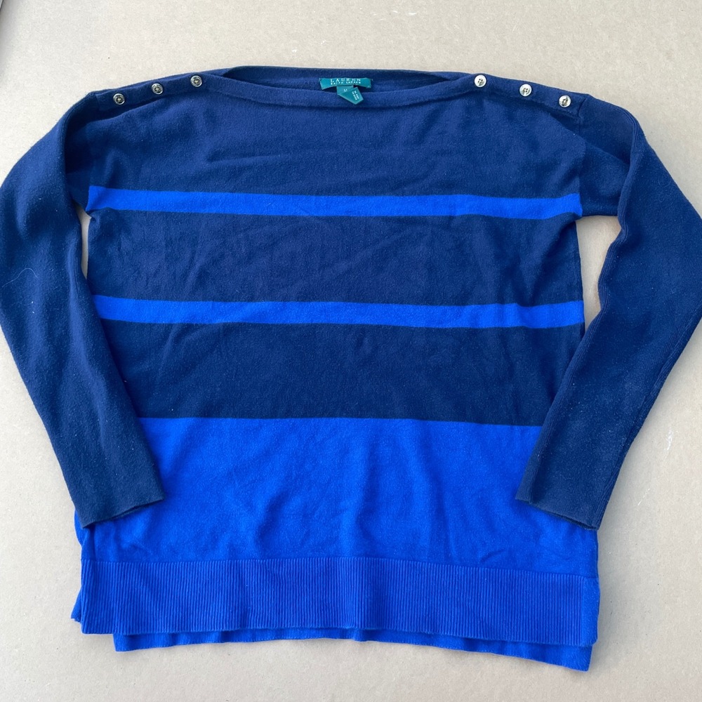 Lauren Ralph Lauren Sweater Womens M Blue Casual Striped Button Shoulder Knit